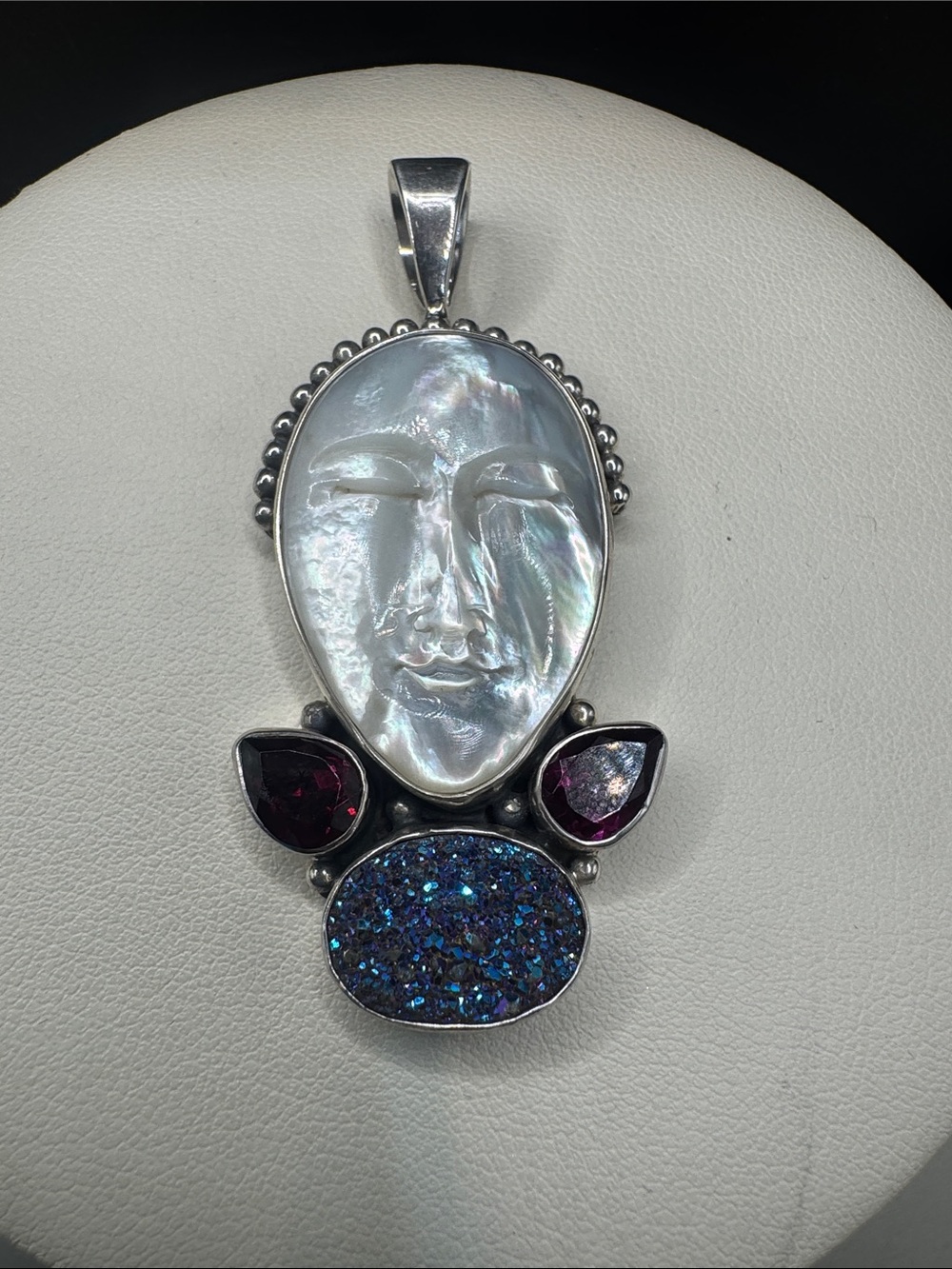 Hand-Carved Mother of Pearl Face Pendant Blue Druzy Garnet Accents sterling